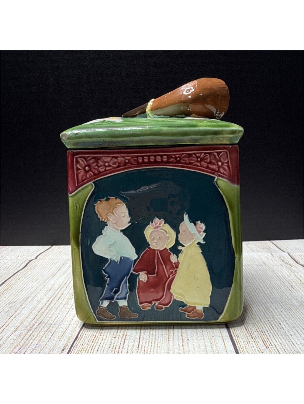 Vintage Green Square Ceramic Tobacco Humidor Jar w/ Lid & Pipe Topper Irish